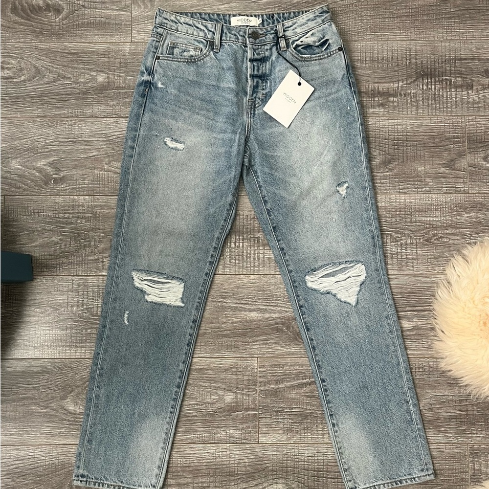 HIDDEN Tracey High Right Straight Medium Light Blue Distressed Jeans (26) NEW